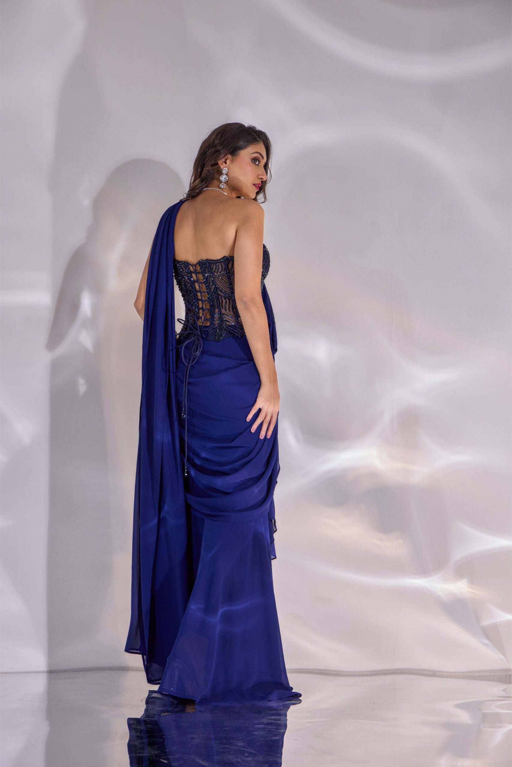 Navy Blue Dori Corset  Drape Saree Set image 4