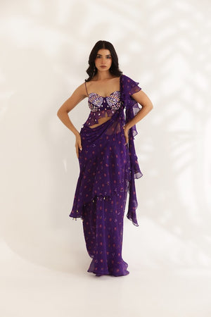 Purple Bandhani Pre-Drape Saree Set image 4