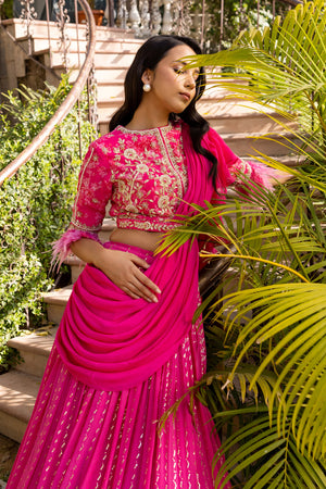 Pink Flair Sleeve Georgette Embroidered Lehenga Set image 6