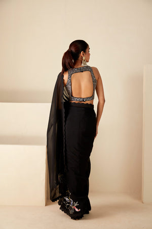 Black Soft Organza and Tussar Silk Saree image 1