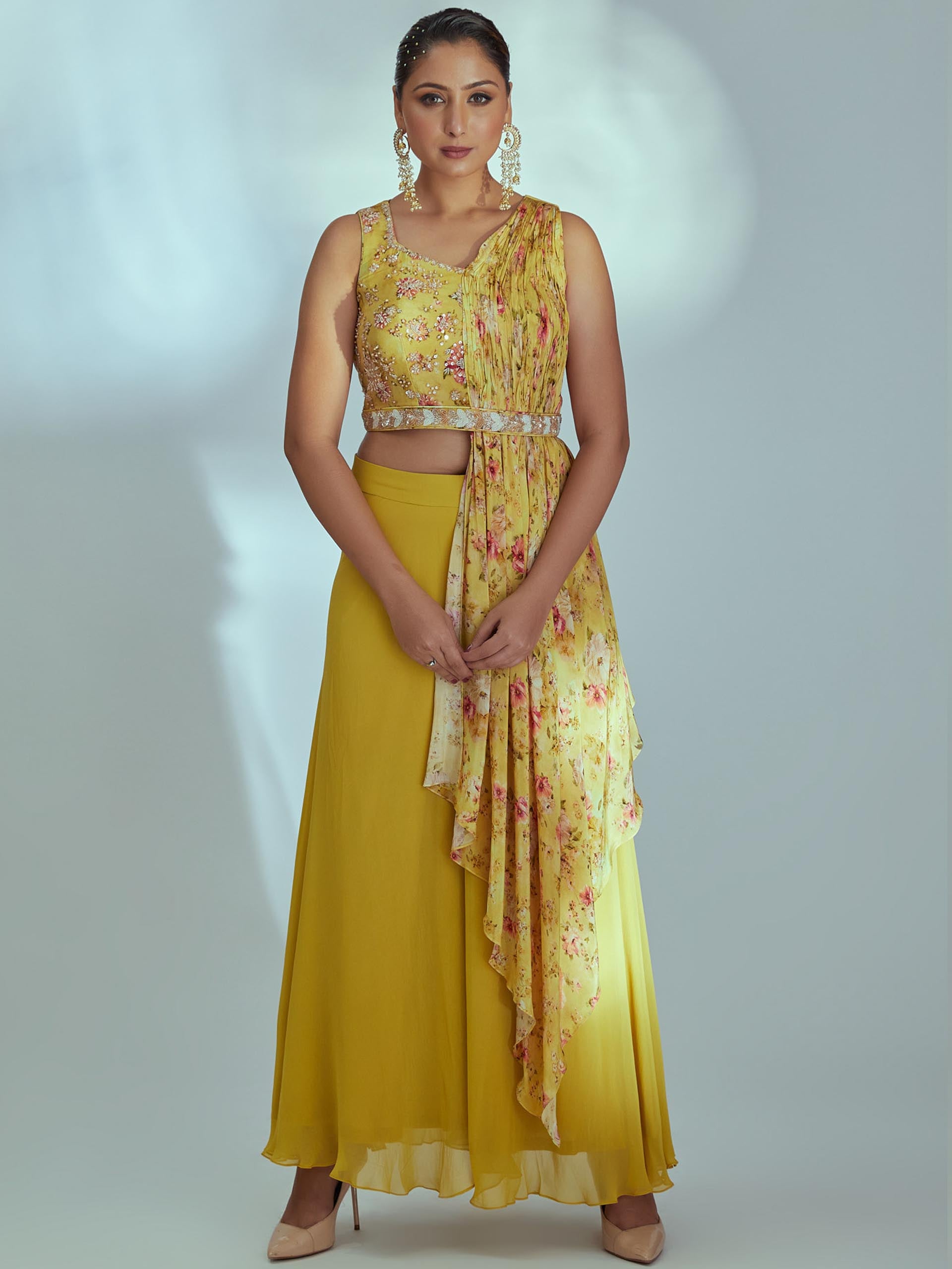 Yellow Floral Pre Draped Dupatta Set - Custom image