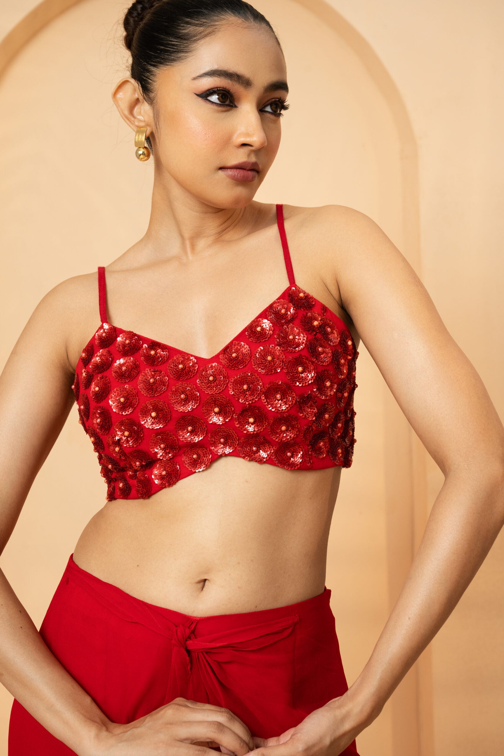 Red Embellished Cape and Dhoti Skirt Co-ord Set image 2