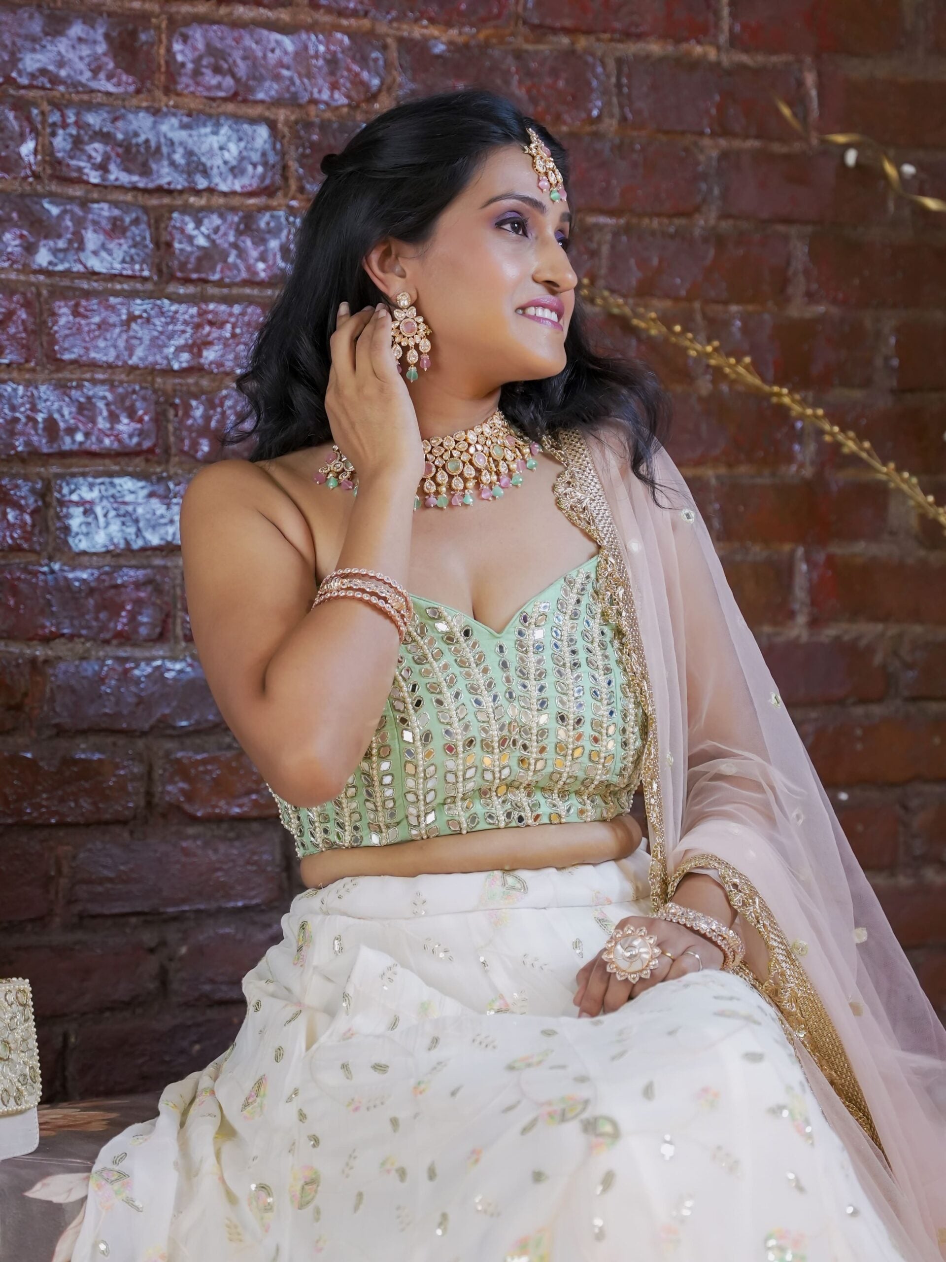 Mint Bustier and Ivory Ruffle Lehenga Set image 3