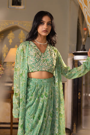 Green Georgette Draped Skirt &amp; Jacket Set image 2