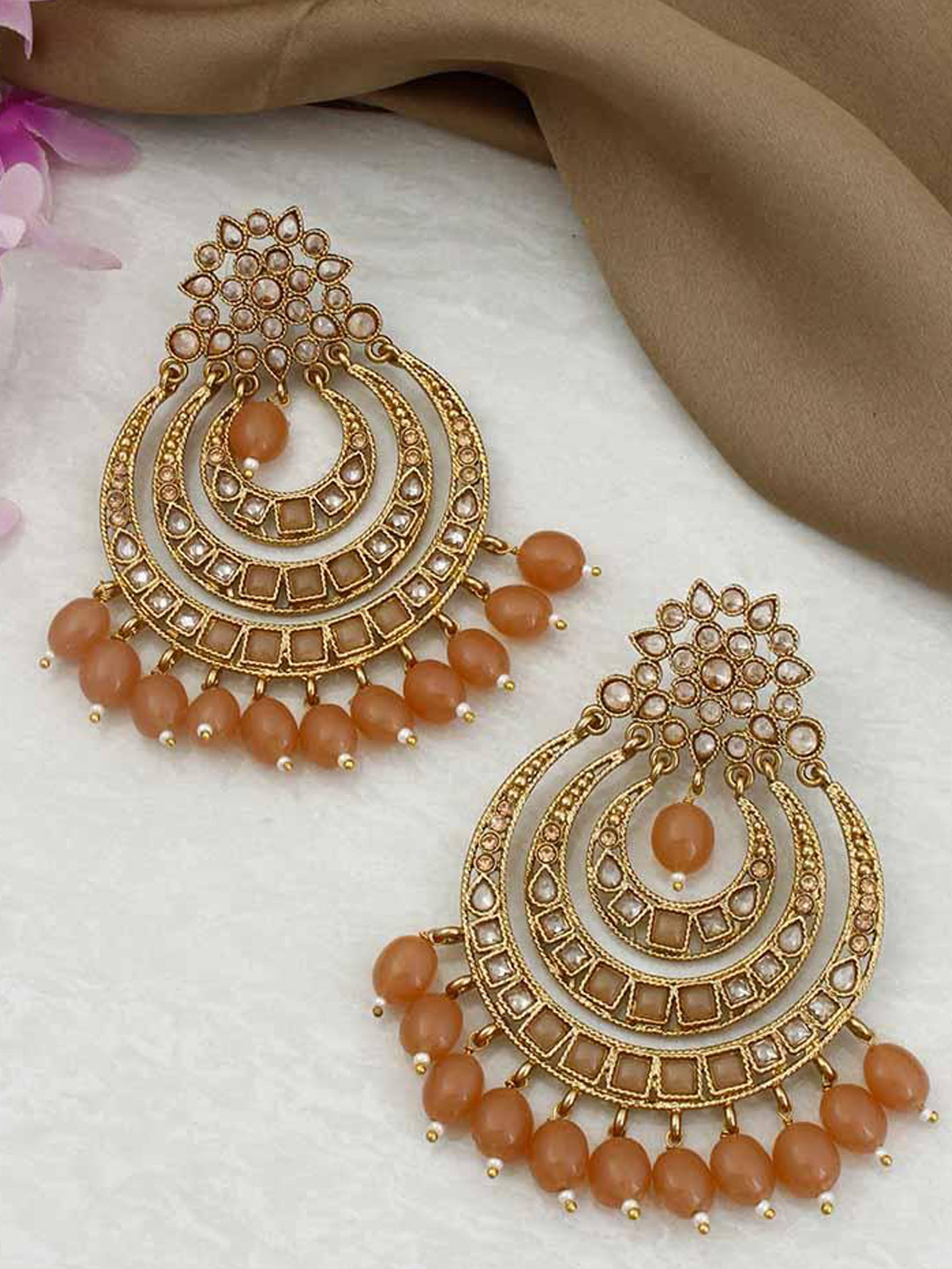 Metallic Chandbali Earrings - Brown image
