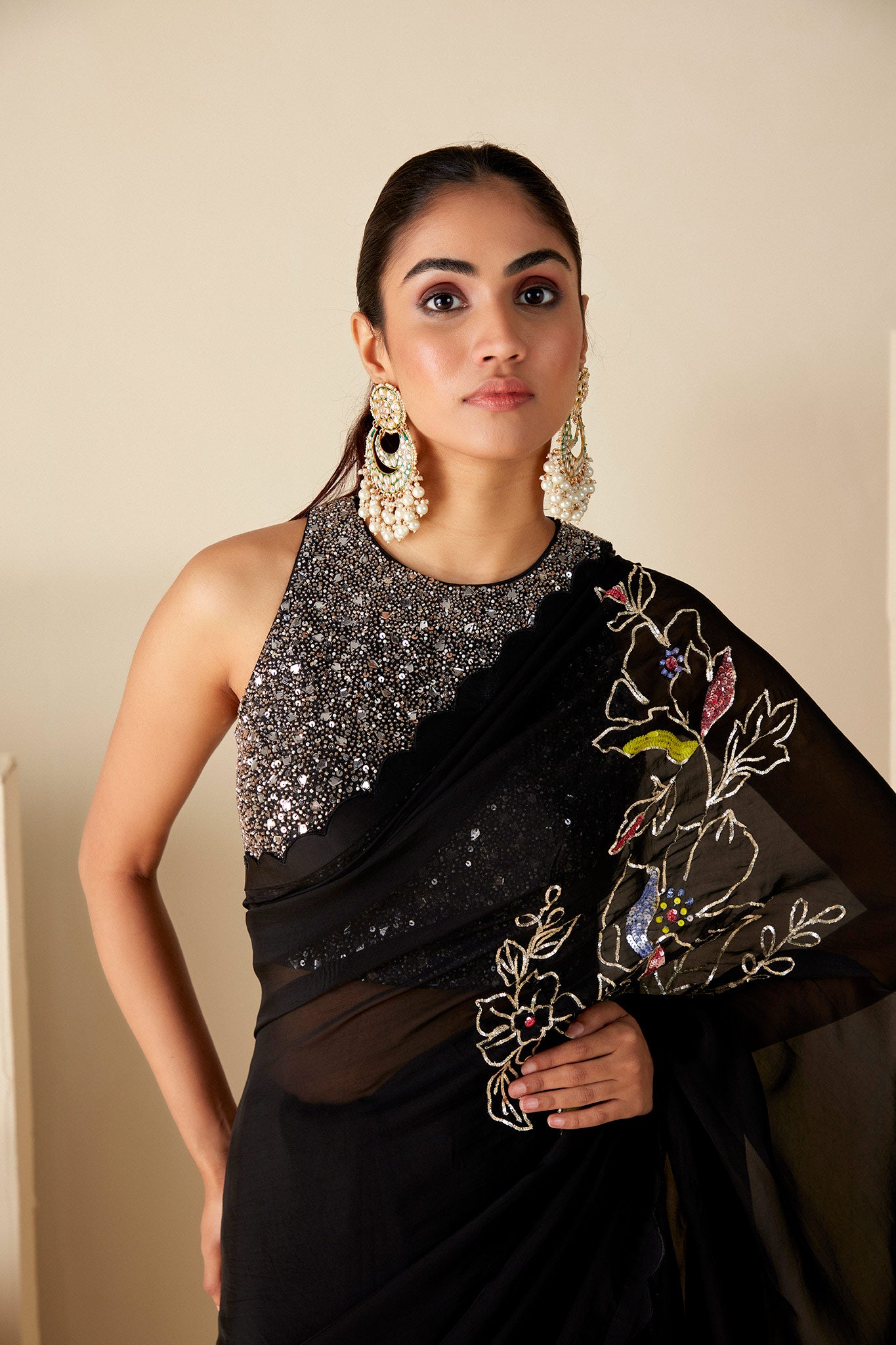 Black Soft Organza and Tussar Silk Saree image 3