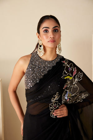 Black Soft Organza and Tussar Silk Saree image 3