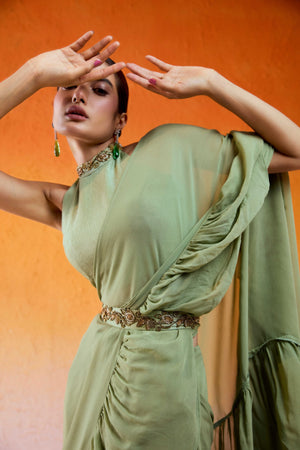 Pista Green Embroidered Drape Saree Set with Belt image 6