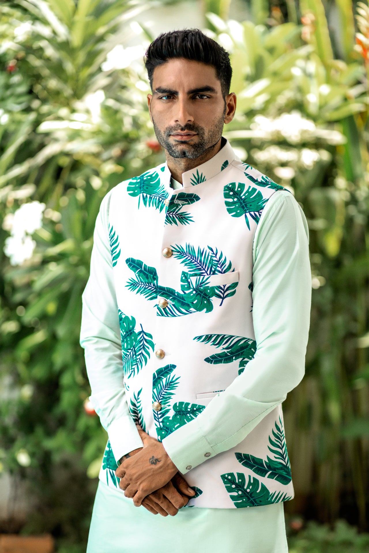 Tropical Print Bundi Jacket Kurta Set image 4