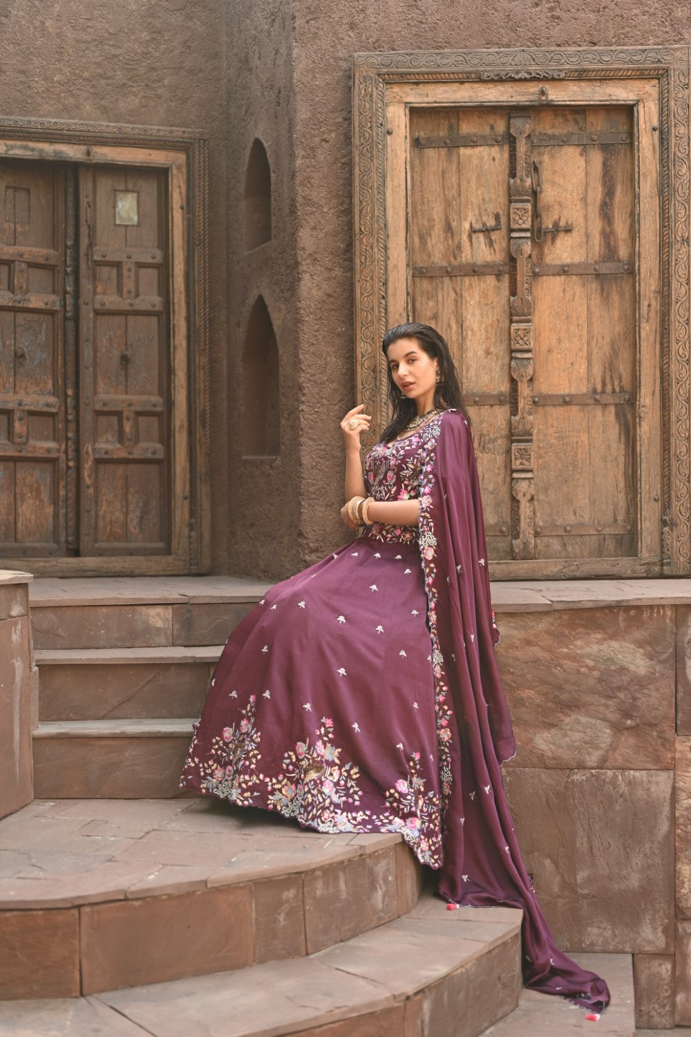 Wine Embellished Lehenga Set image 2