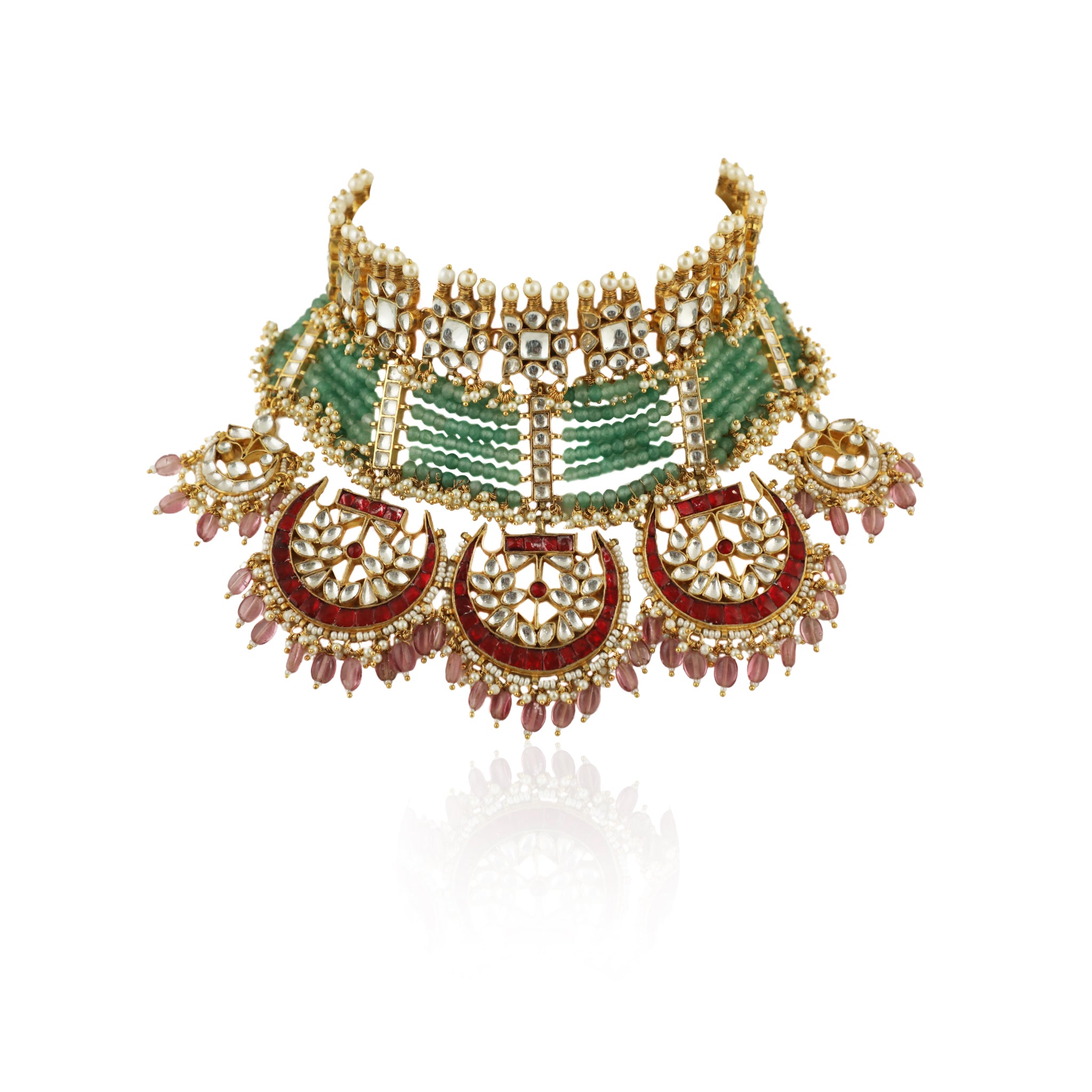 Sea Green Motiwork With Red Bridal Necklace Set image 1