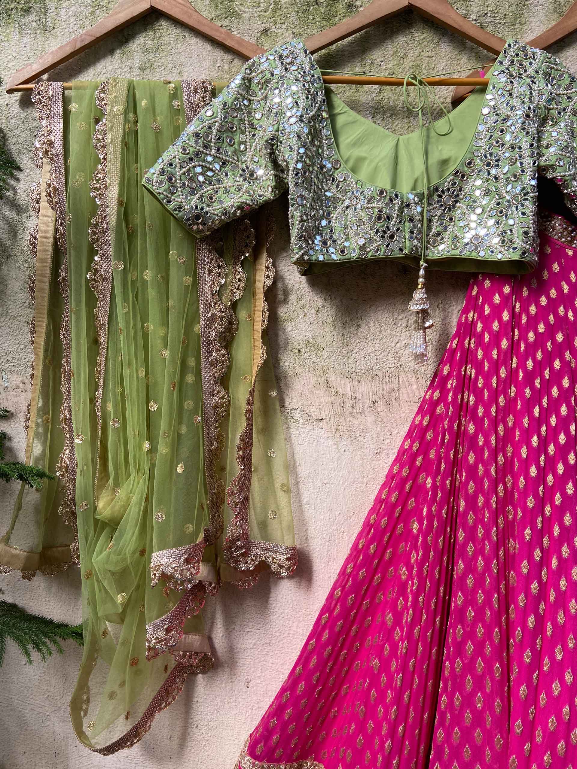 Fuchsia and Olive Green Zari Lehenga Set image 4