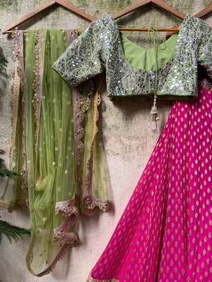 Fuchsia and Olive Green Zari Lehenga Set image 4
