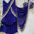 Indigo Blue Ruffled Embroidered Pre-stitched Saree Set image 0