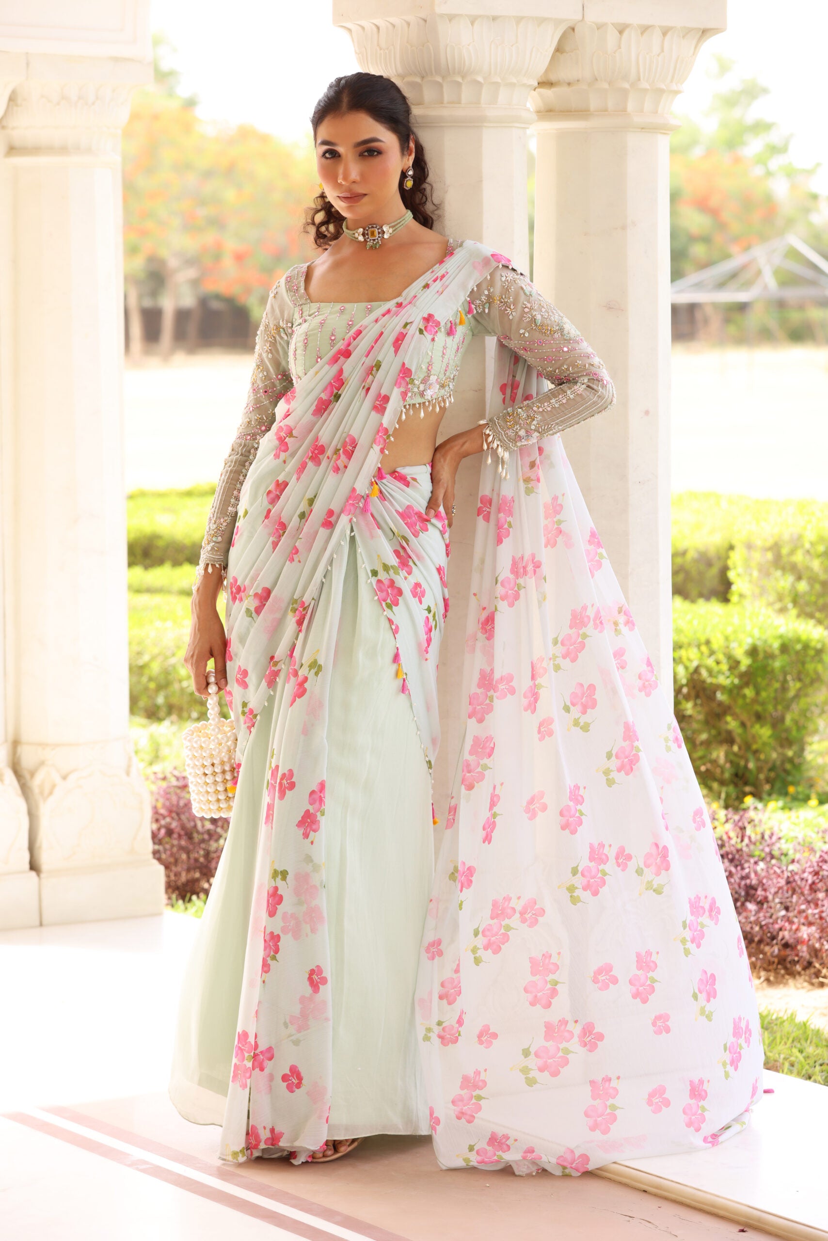 Floral Printed Pre-Drape Saree - XL image