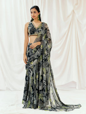 Black Printed Embroidered Drape Saree Set - S image