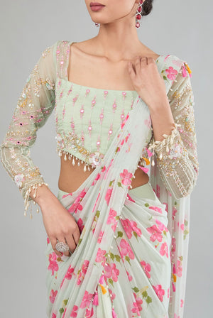 Floral pre-drape saree image 1