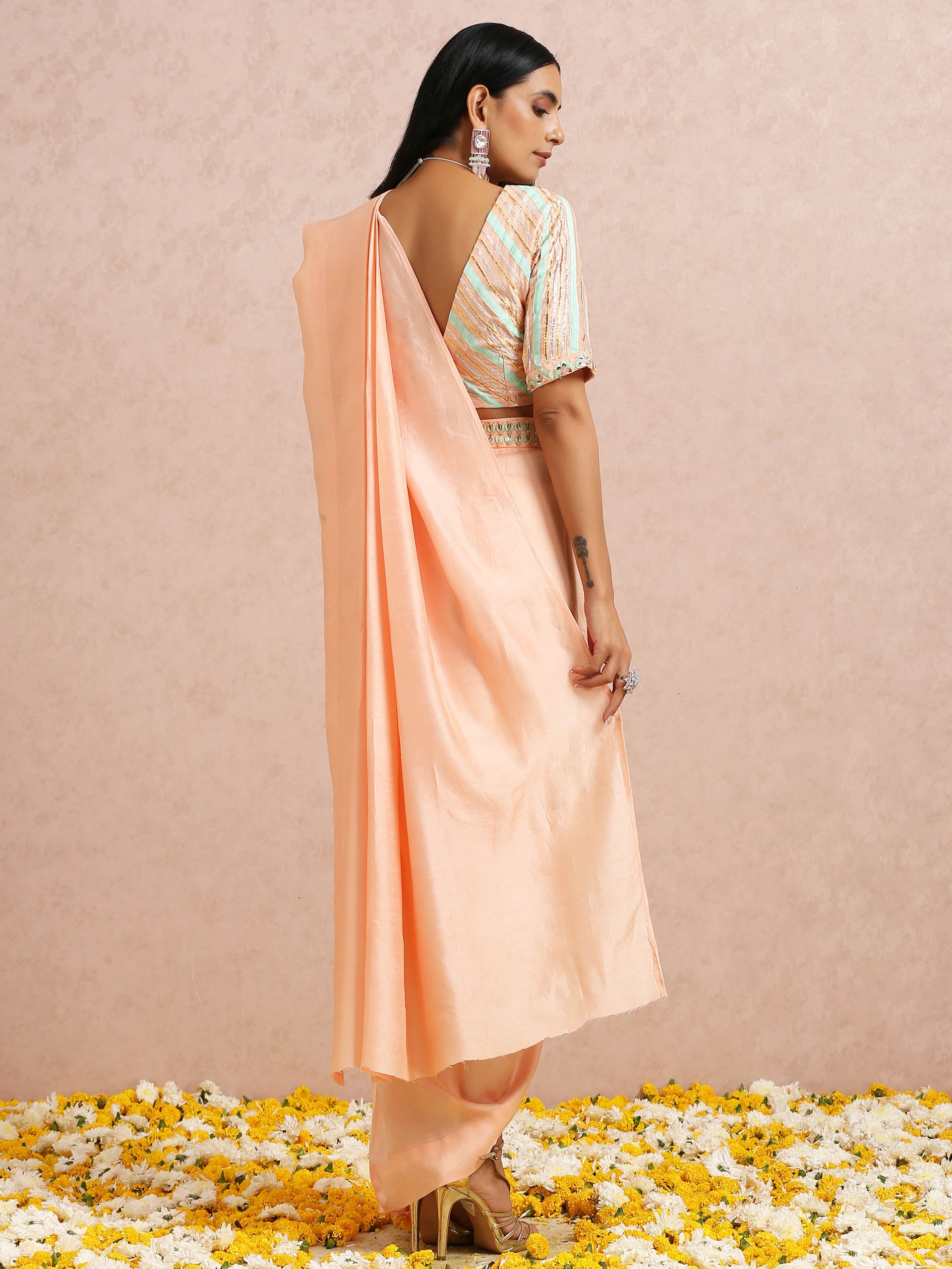 Peach and Mint Pre Draped Saree Set image 7