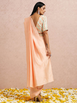 Peach and Mint Pre Draped Saree Set image 7