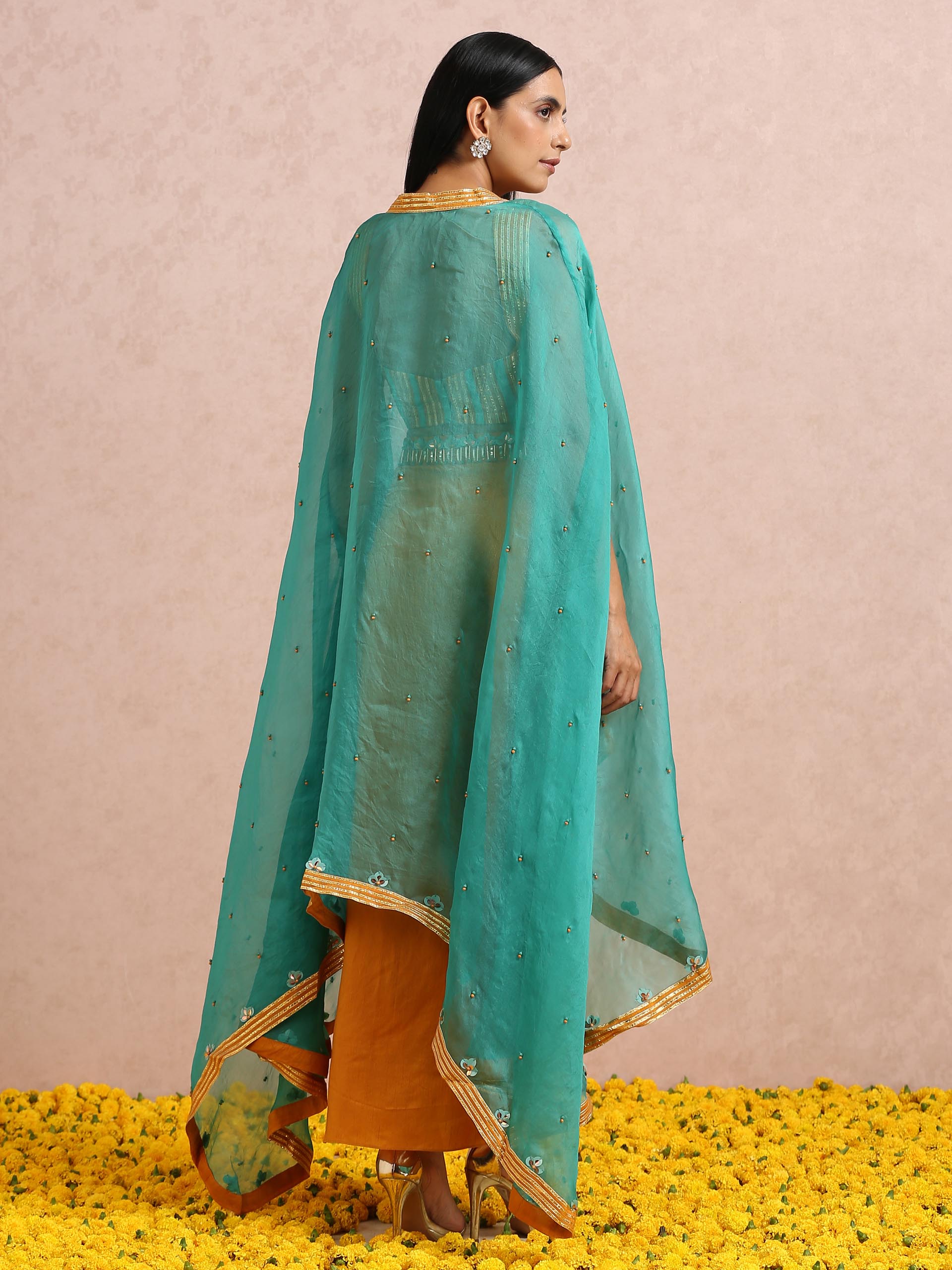 Rust Orange Dhoti Skirt Set with Teal Cape image 9