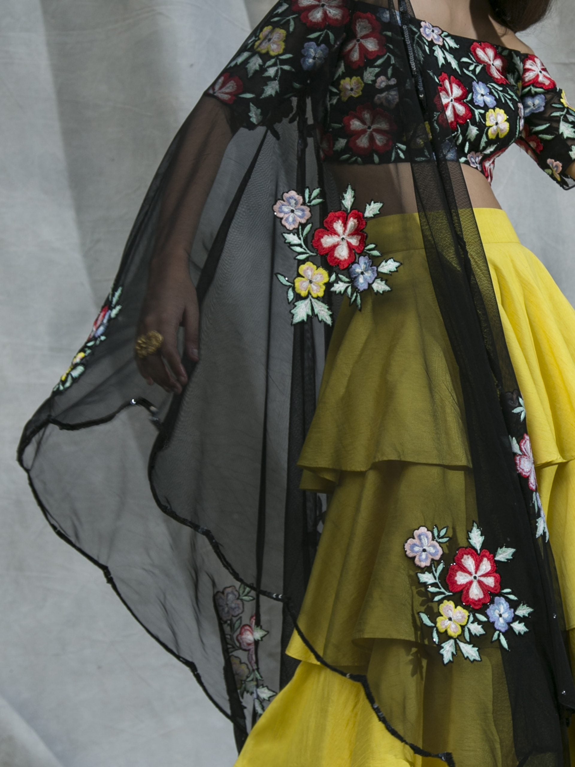 Black Multi-Colour Embroidered Blouse with Yellow Ruffled Lehenga Set image 1