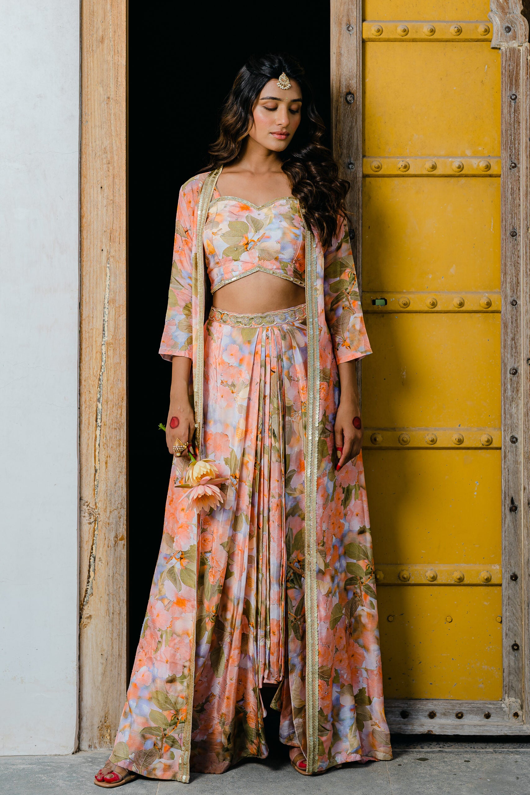 Coral Peach Printed Embroidered Long Jacket and Skirt Set - L image