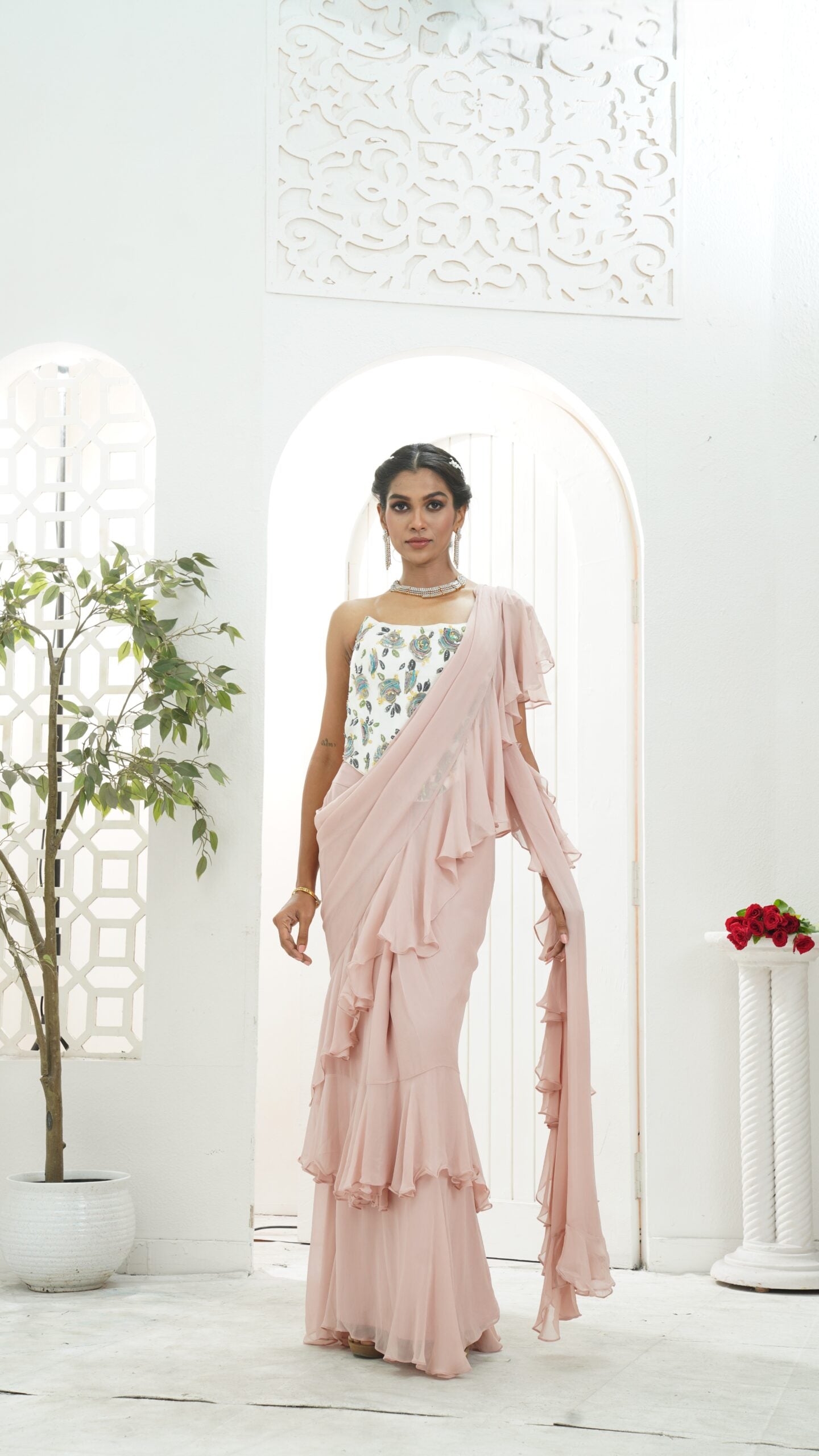 Powder Pink saree and Corset blouse set Mauve ruffle saree and hand painted corset set image 4