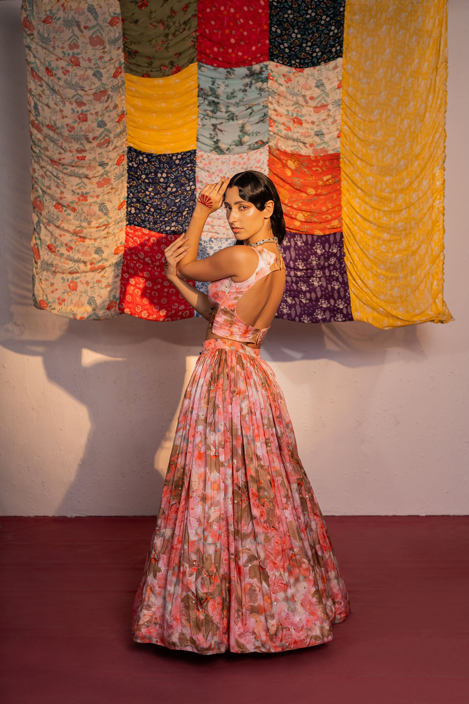 Coral Pink Embroidered And Printed Lehenga Set image 4