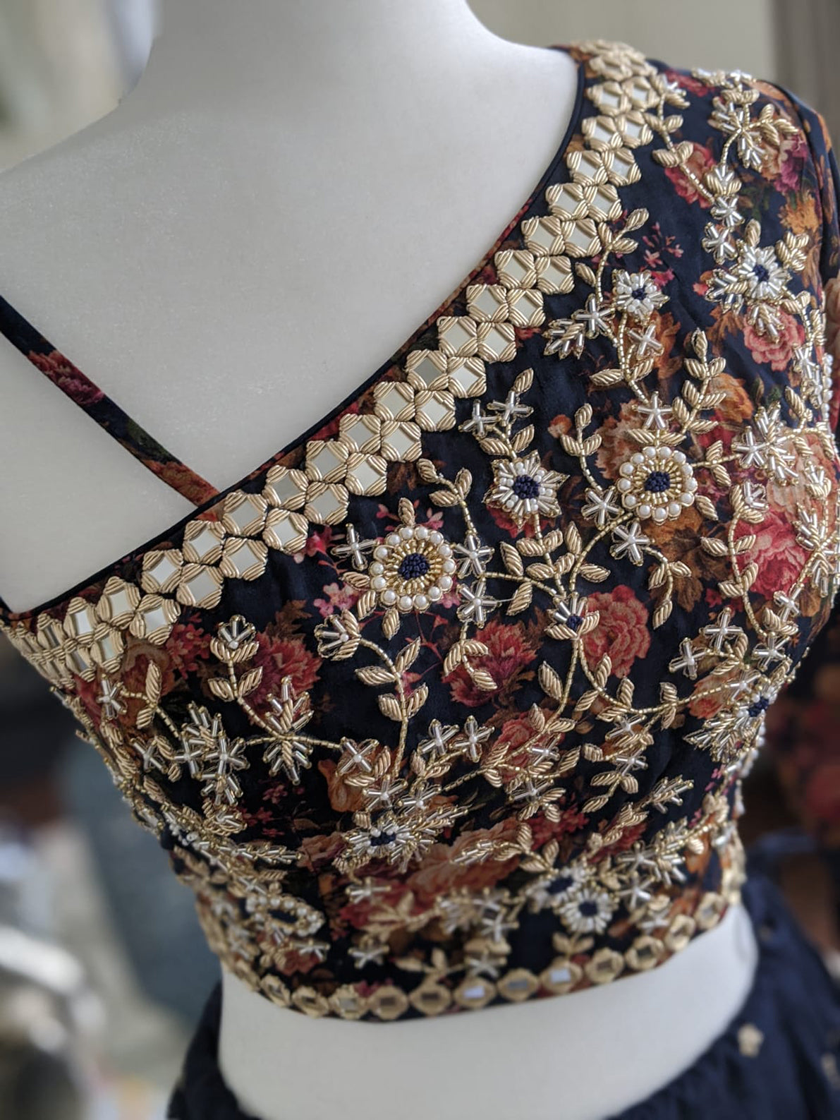 Navy Blue Lehenga with One Shoulder Blouse image 1