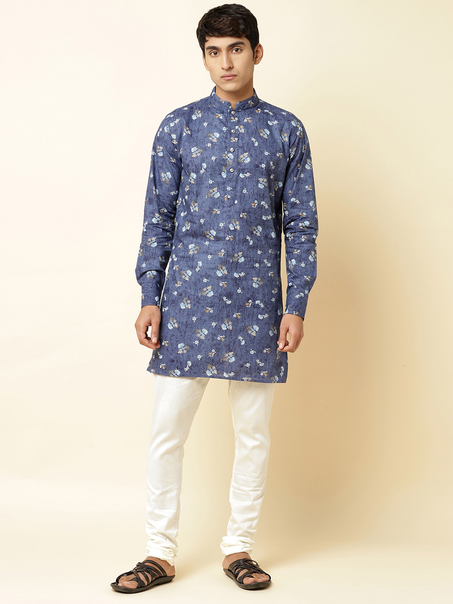 Blue Floral Print Kurta - XL image