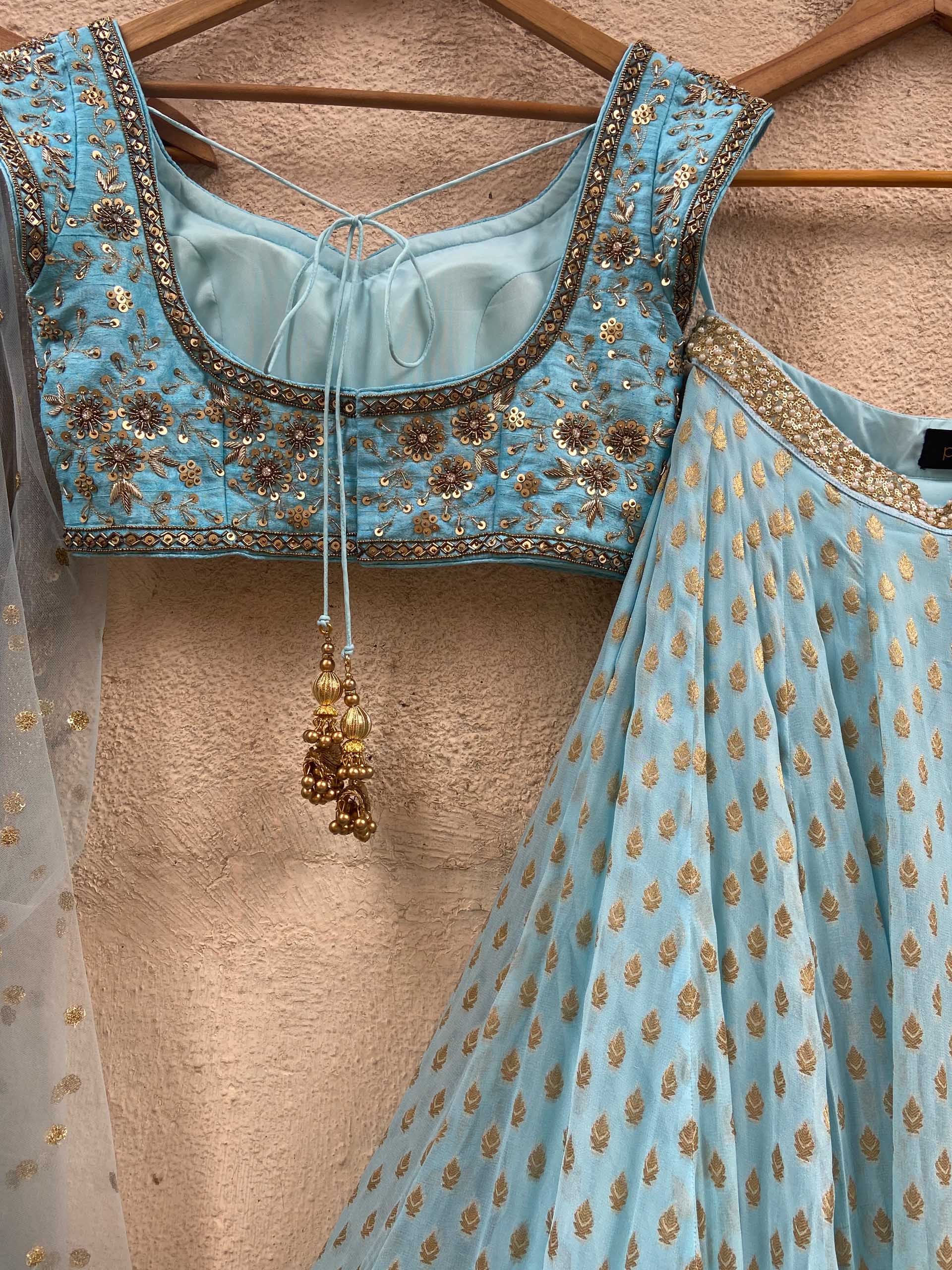 Powder Blue Sharmily Zari Lehenga Set image 4