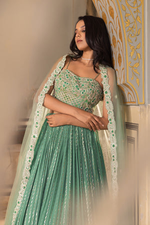Green Georgette Crepe Sequins Embroidered Lehenga Set image 1