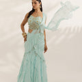 Sky Blue Ruffled Lehenga With Attached Pallu image 0