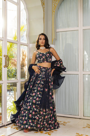 Navy Blue Floral Georgette Crepe Printed Lehenga Set - XL image