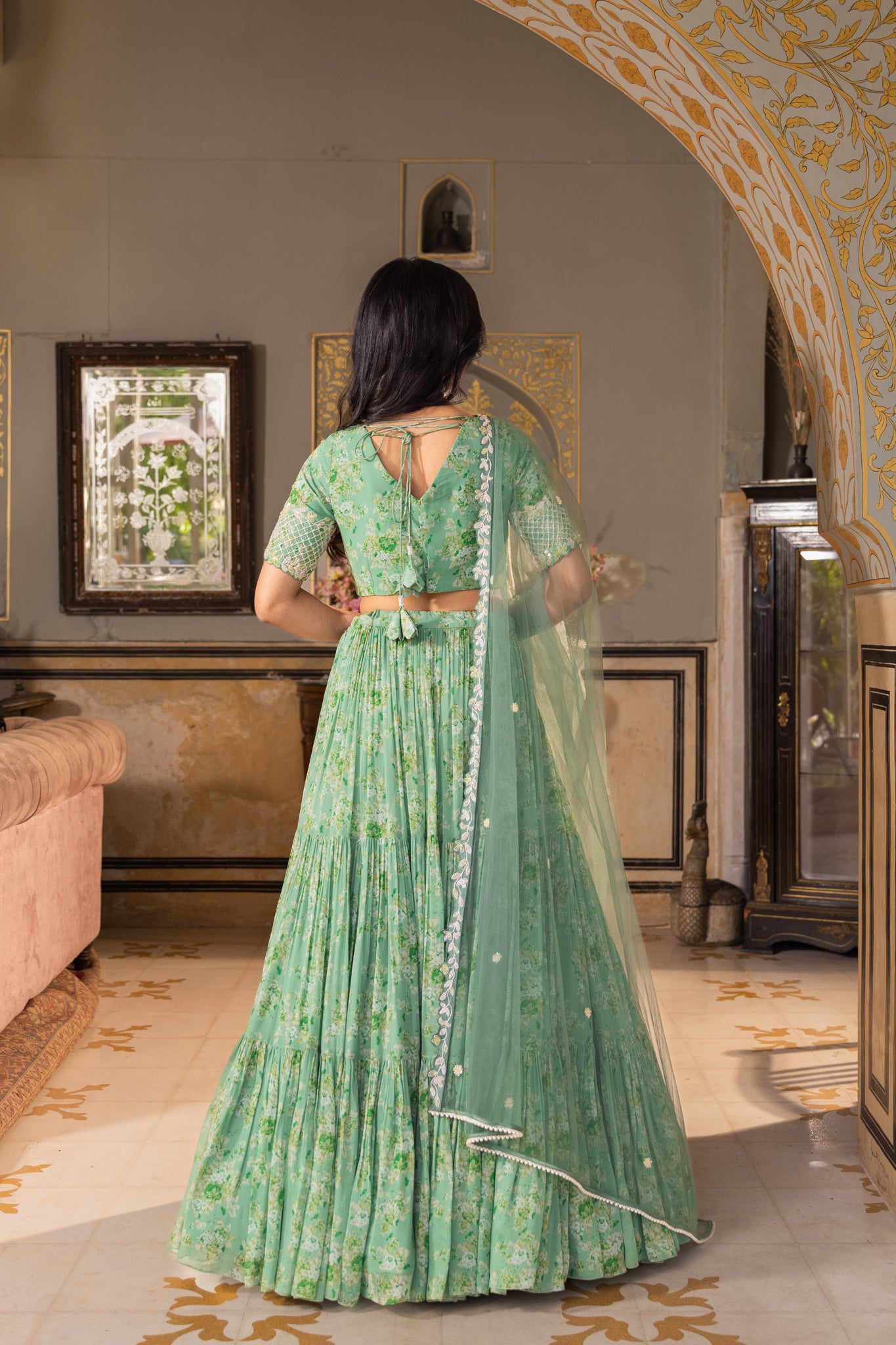 Green Embroidered Georgette Crepe Layered Lehenga Set image 8
