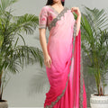 Pink Shaded Saree With Floral Blouse image 0