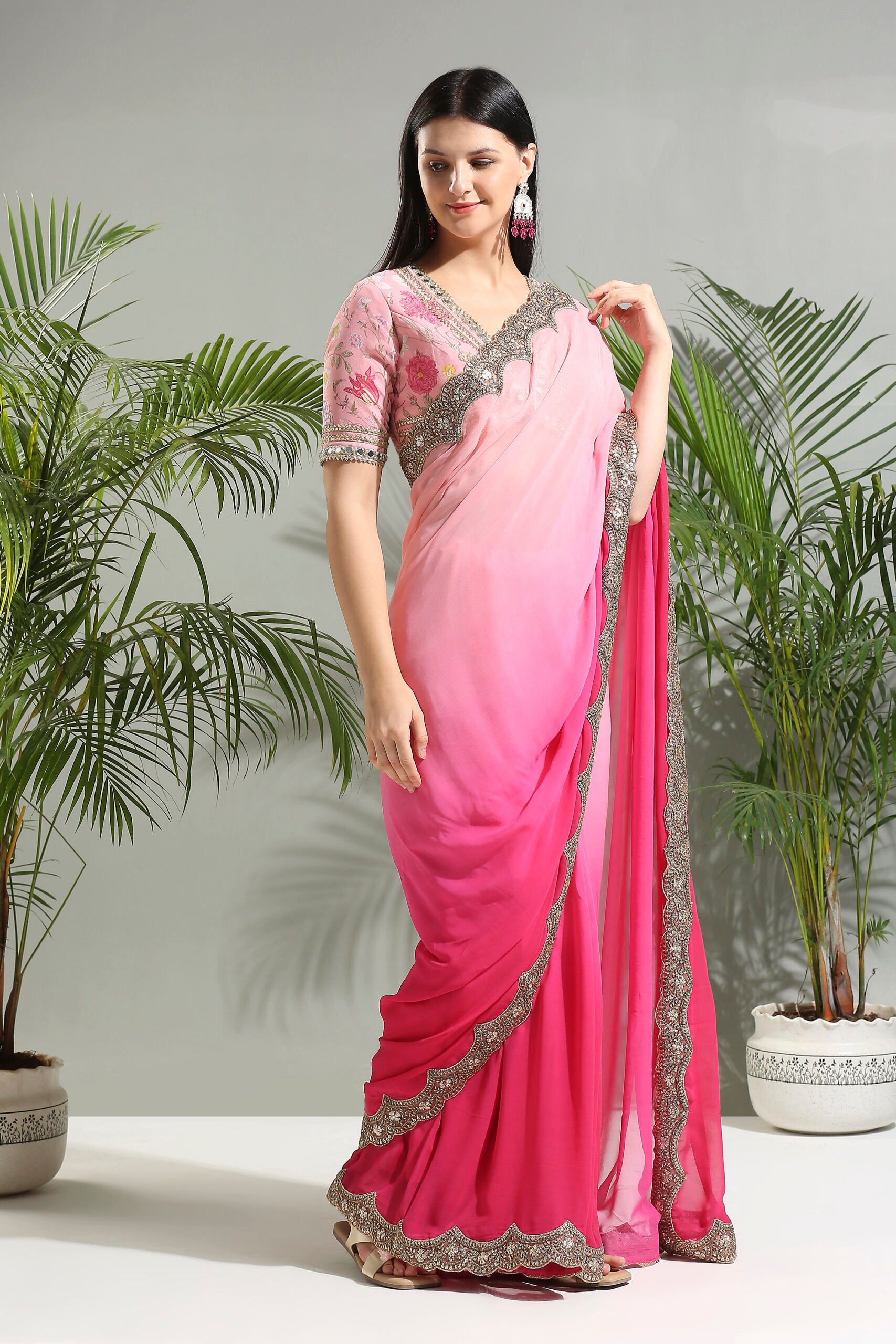 Pink Shaded Saree With Floral Blouse image 0