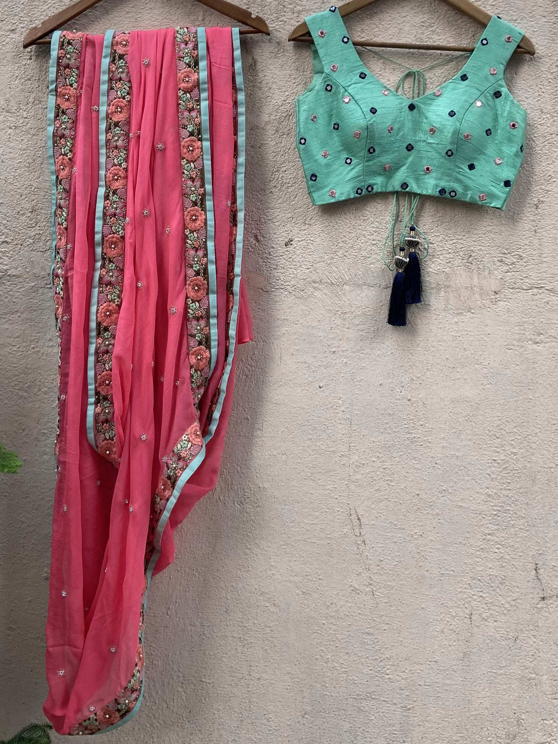 Pink and Mint Floral Saree Set - L image