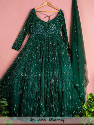Dark Green Shimmer Anarkali Lehenga Set - S image