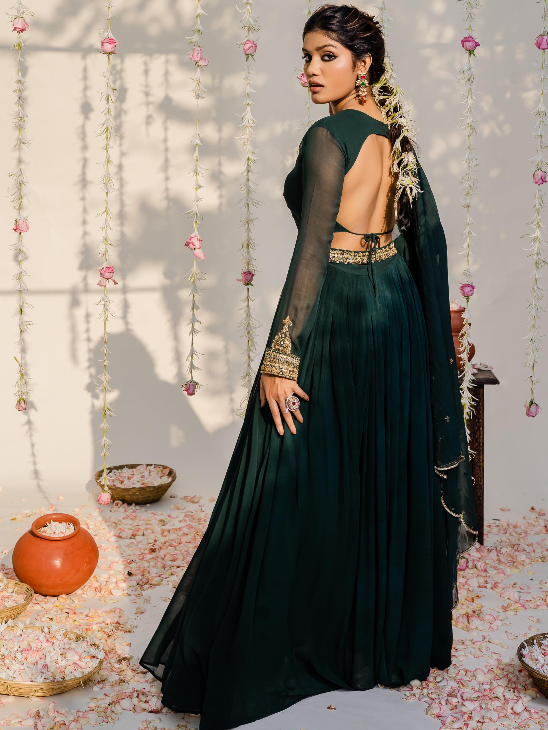 Bottle Green Anarkali Set with Belt image 1