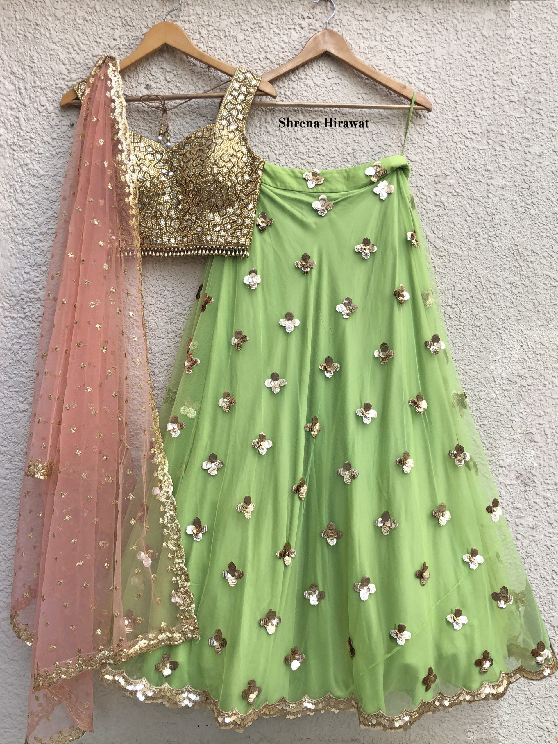 Handmade Gold Mirror Blouse with Lime Green Lehenga - M image