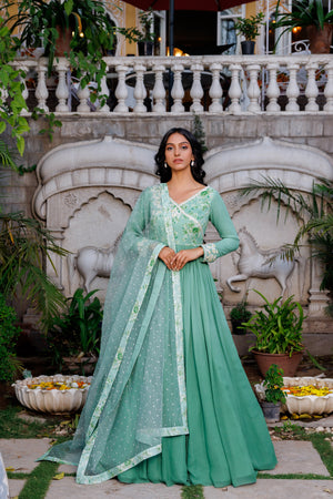 Turquoise Embroidered Anarkali Set - L image
