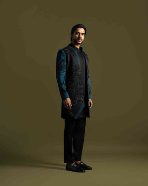 Teal and Black Achkan Set image 3