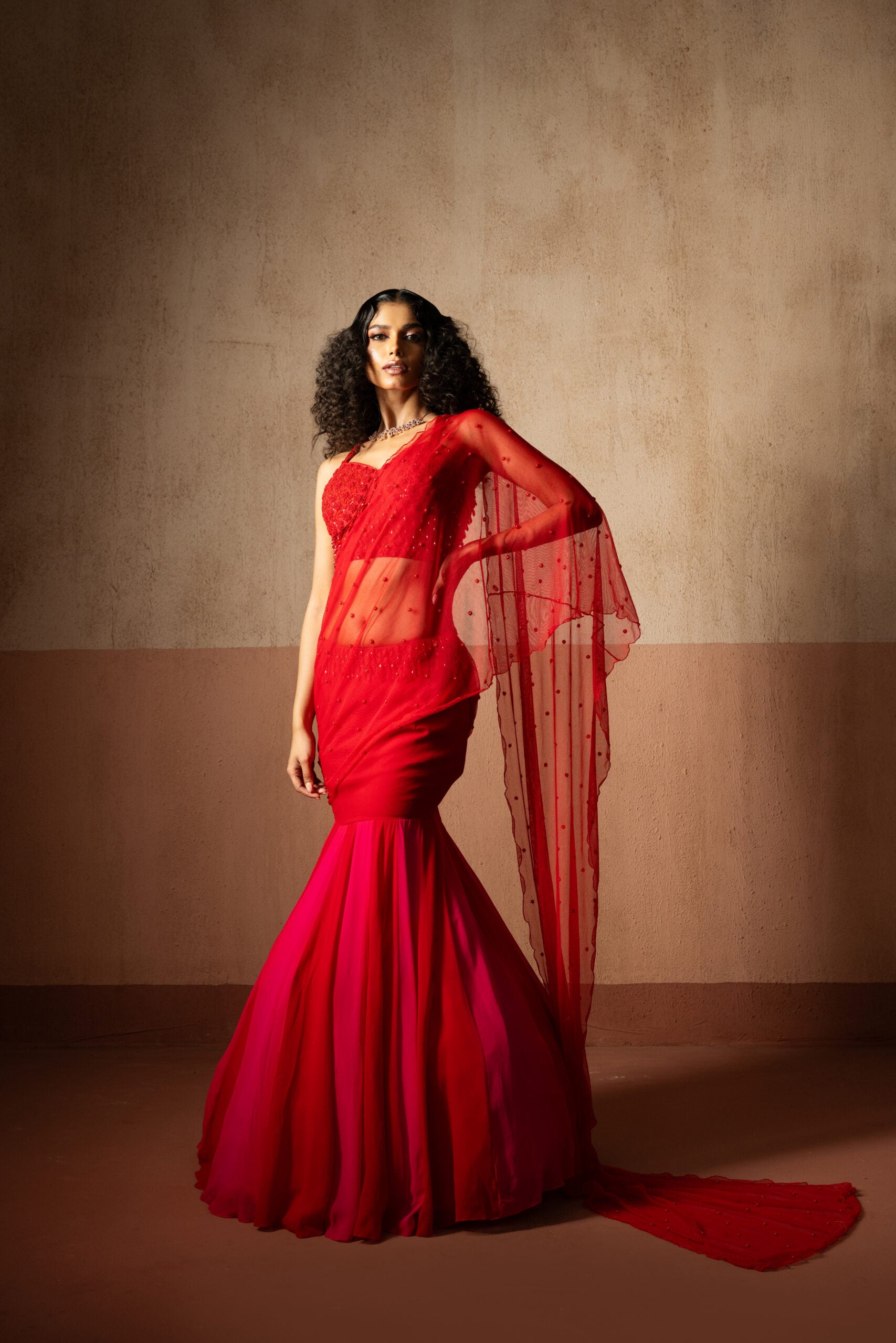 Fish Style Red & Fuschia Pink Coloured Hand Embroidered Net and  Georgette Fishtail Saree - L image