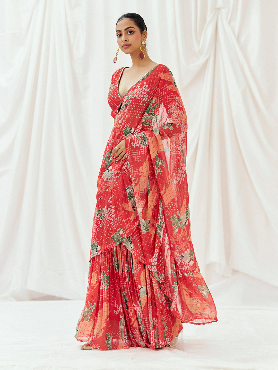 Red Printed Embroidered Drape Saree Set image 5