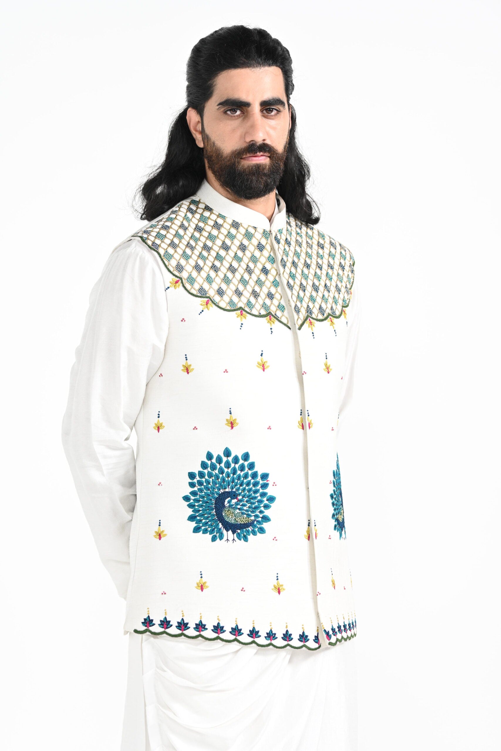 Rajasthani Peacock Work Nehru With a Drape Kurta Set image 6
