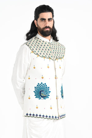 Rajasthani Peacock Work Nehru With a Drape Kurta Set image 6