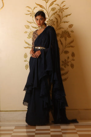 Prussian Blue Organza Ruffle Saree Set image 2