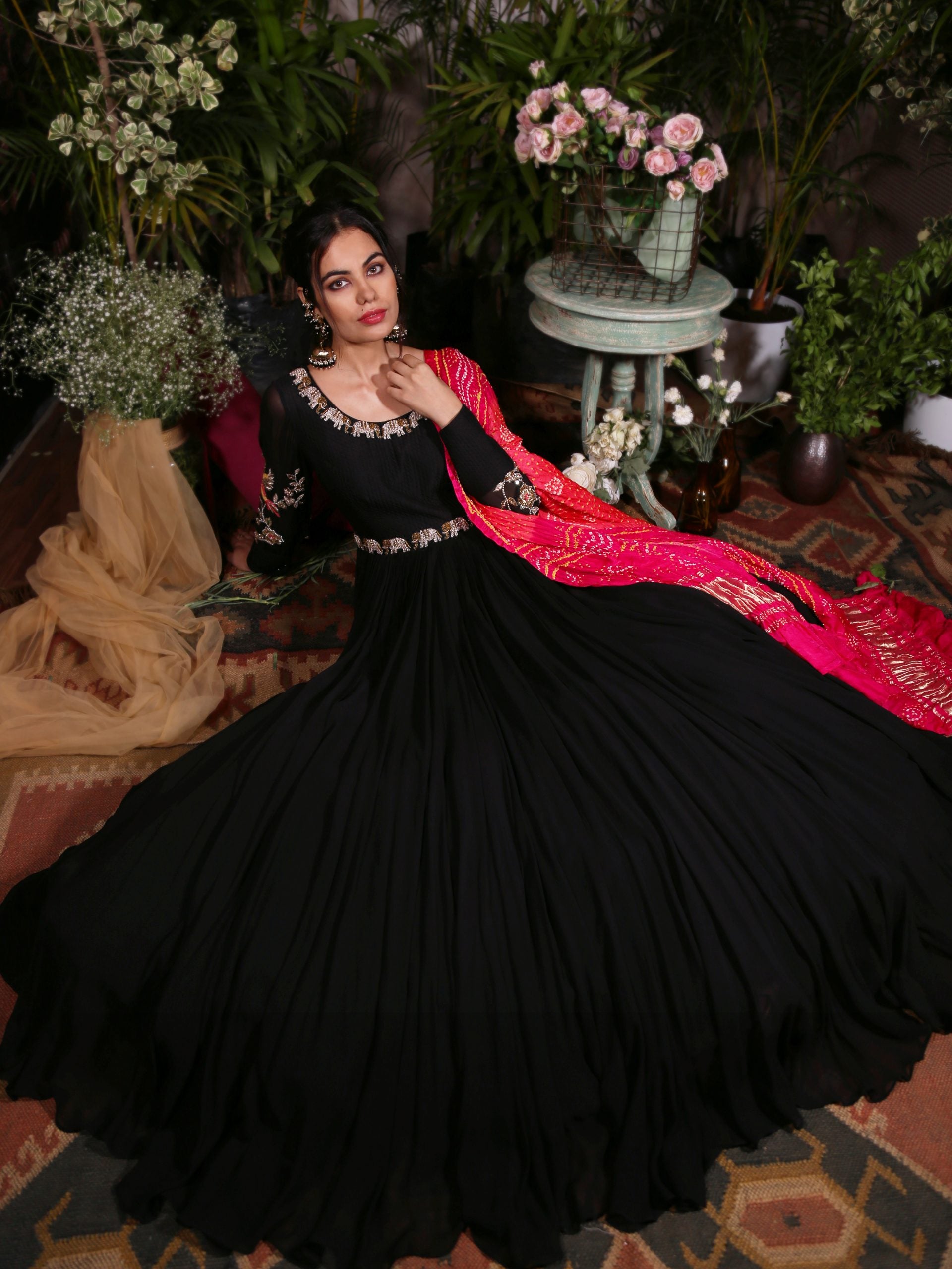 Black Anarkali with Pink Bandhani Dupatta - L image