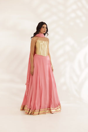 Coral Peach Crepe Lehenga With Gotta Corset image 5